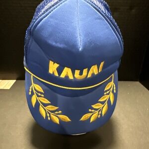 Vintage KAUAI‎ Hawaii Hat Cap Snapback Mesh Back  Gold Leafs Blue Adjustable